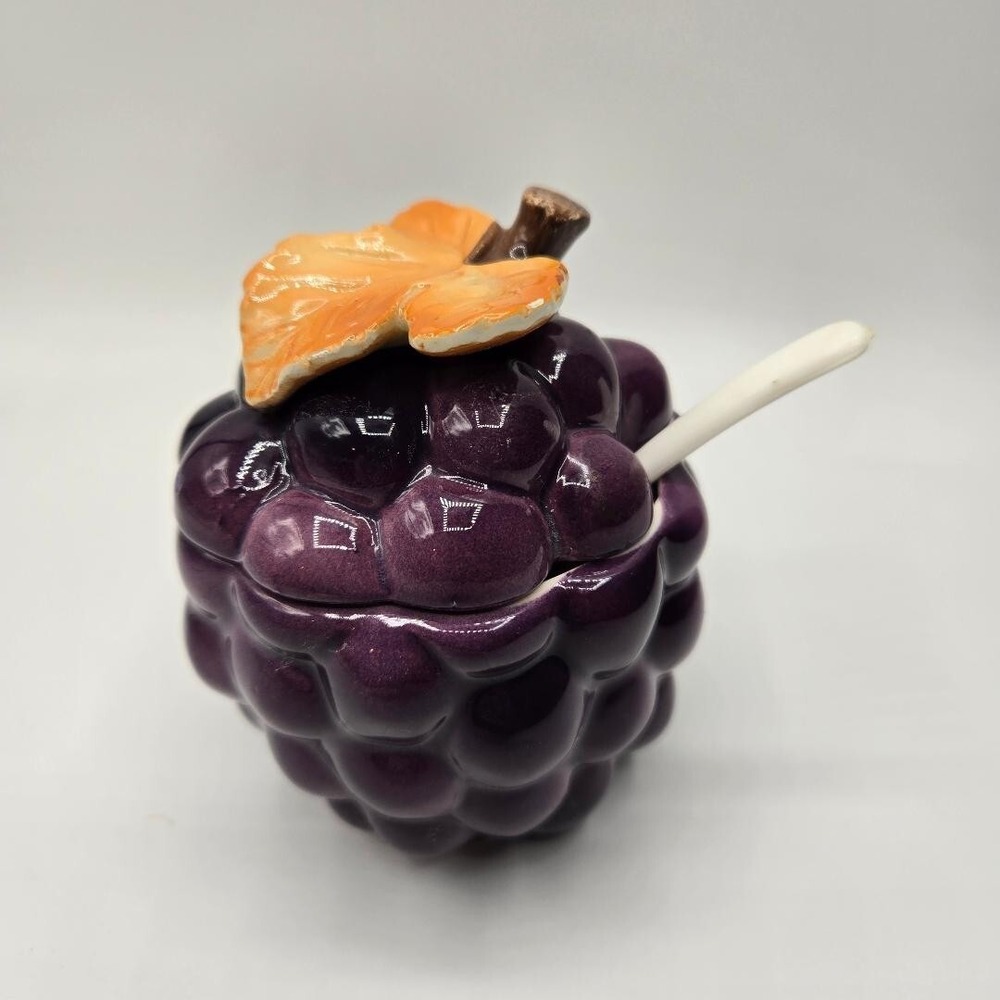 Vintage Grapes Jelly Jar Container Japan  Storage ceramic W/ Spoon Jam Purple